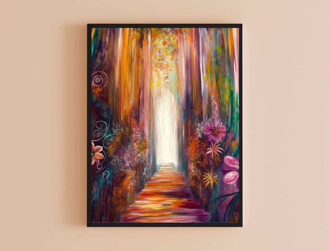 Colorful Abstract Forest Path Glowing Light Maximalist Wall Art Print