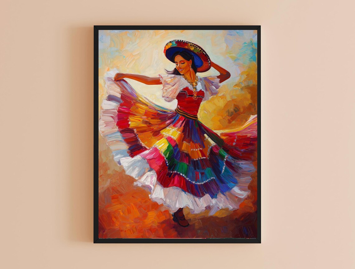 Joyful Mexican Dancer Rainbow Skirt Sombrero Expressive Oil Art Poster - Image 6