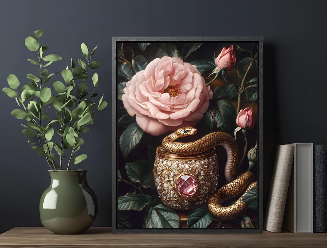 Golden Snake Jeweled Goblet Pink Rose Dark Botanical Maximalist Poster - Image 5
