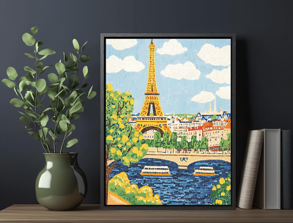 Eiffel Tower Paris Seine Boats Colorful Cityscape Travel Art Poster - Image 6