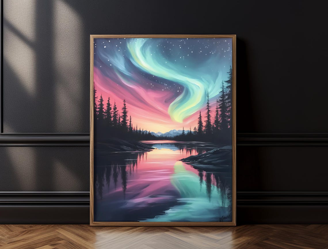 Pink Teal Aurora Borealis Swirl Starry Night Lake Mountains Poster