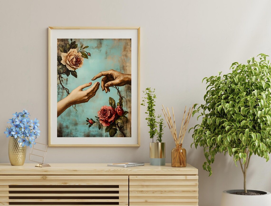 Reaching Hands Roses Vintage Oil Painting Romantic Floral Art Poster - Image 3