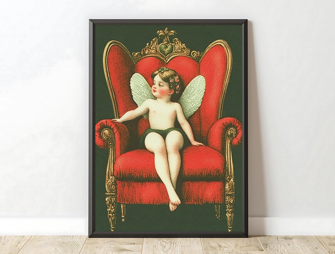 Vintage Cupid Cherub Red Velvet Throne Valentine Romantic Art Poster - Image 4