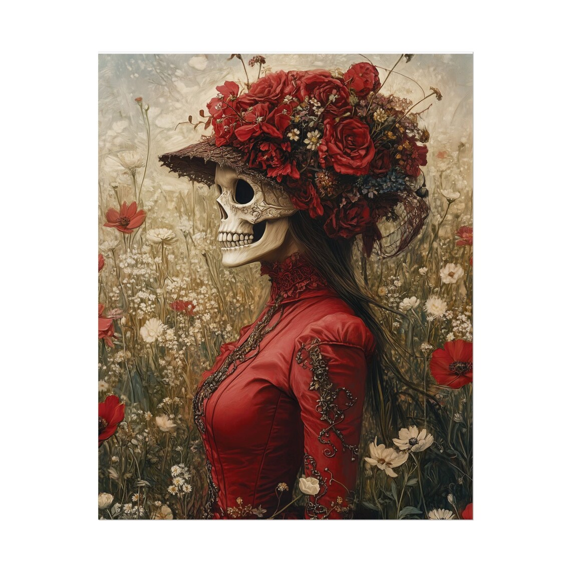 Skeleton Lady Red Dress Wildflower Field Halloween Art Nouveau Poster - Image 2