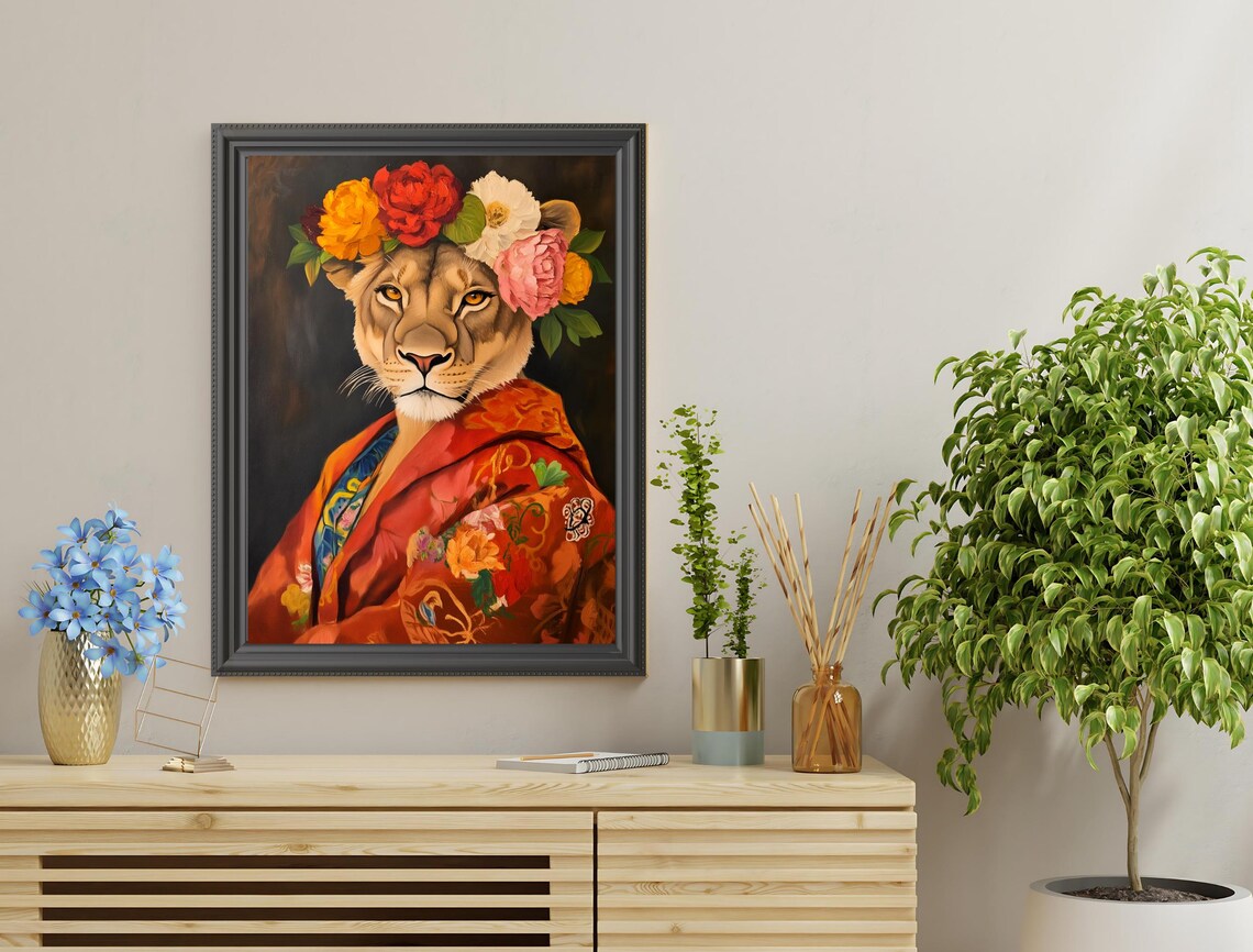 Lioness Red Kimono Robe Flower Crown Regal Portrait Art Poster - Image 3