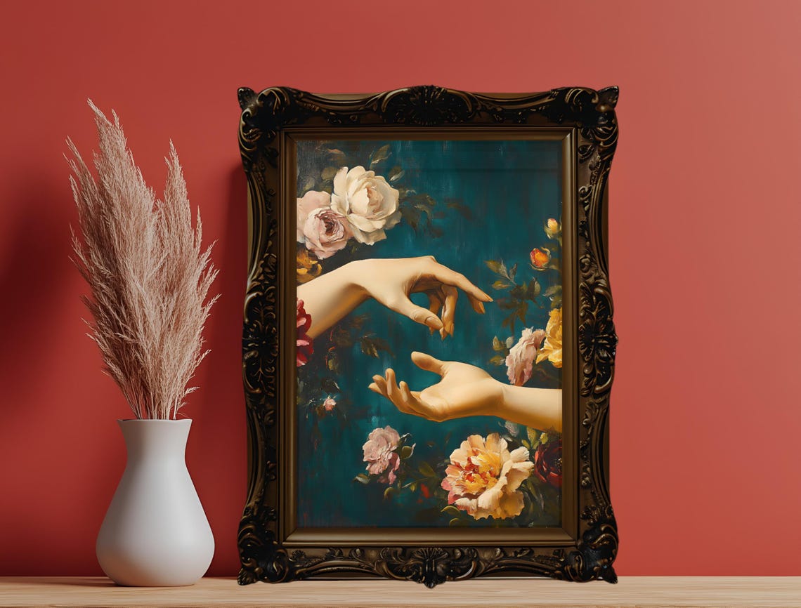 Two Hands Reaching Floral Dark Teal Romantic Vintage Wall Art Print - Image 6