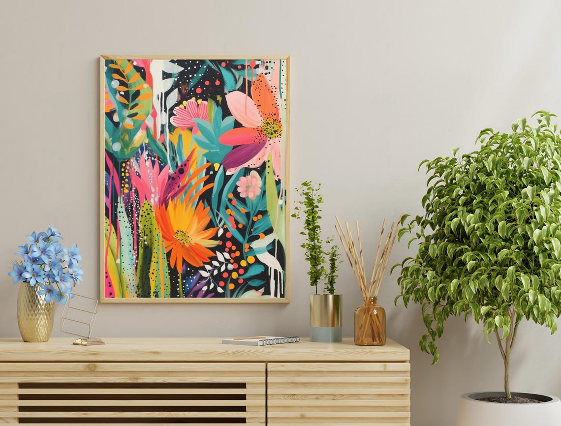 Abstract Floral Explosion Black Background Maximalist Color Poster - Image 3