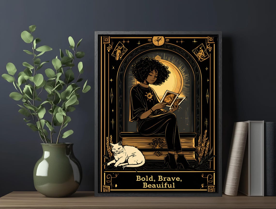 Bold Brave Beautiful Girl Reading Black Gold Affirmation Poster - Image 5