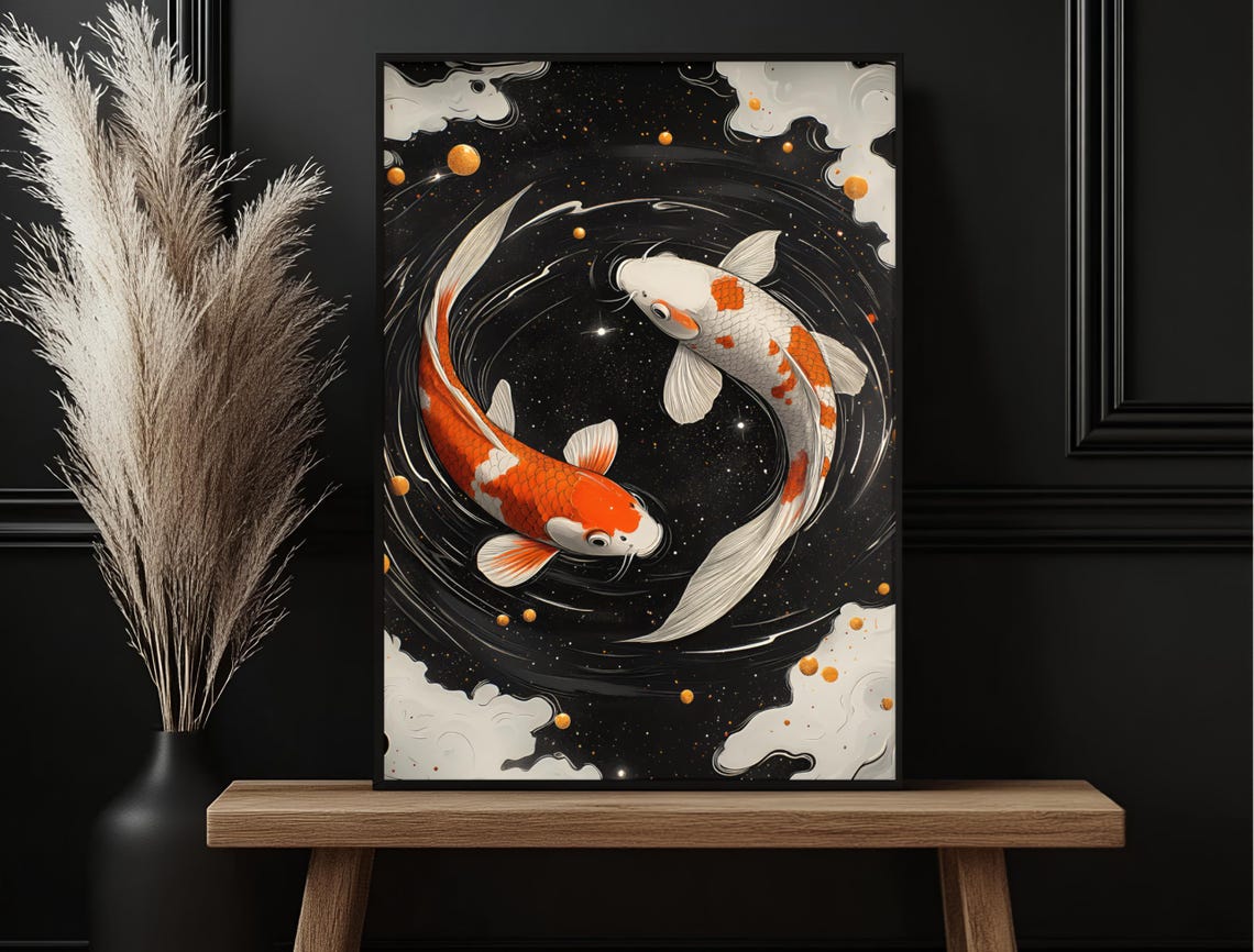 Two Koi Fish Yin Yang Swirl Dark Water Orange White Art Print - Image 6