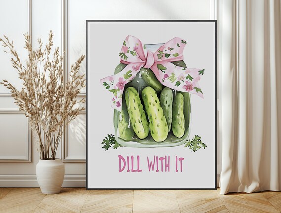 Cute Dill Pickle Jar Floral Bow Watercolor Pun Kitchen Poster