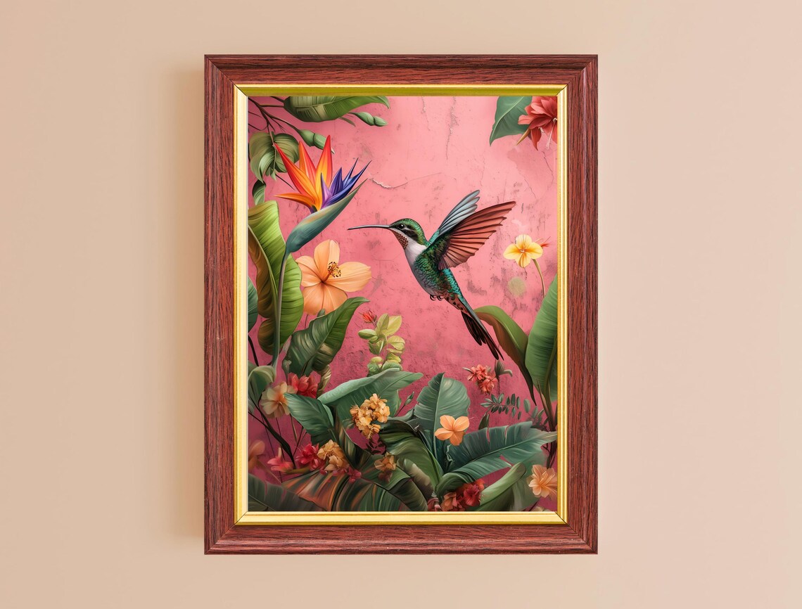 Hummingbird Bird of Paradise Pink Tropical Flower Garden Print