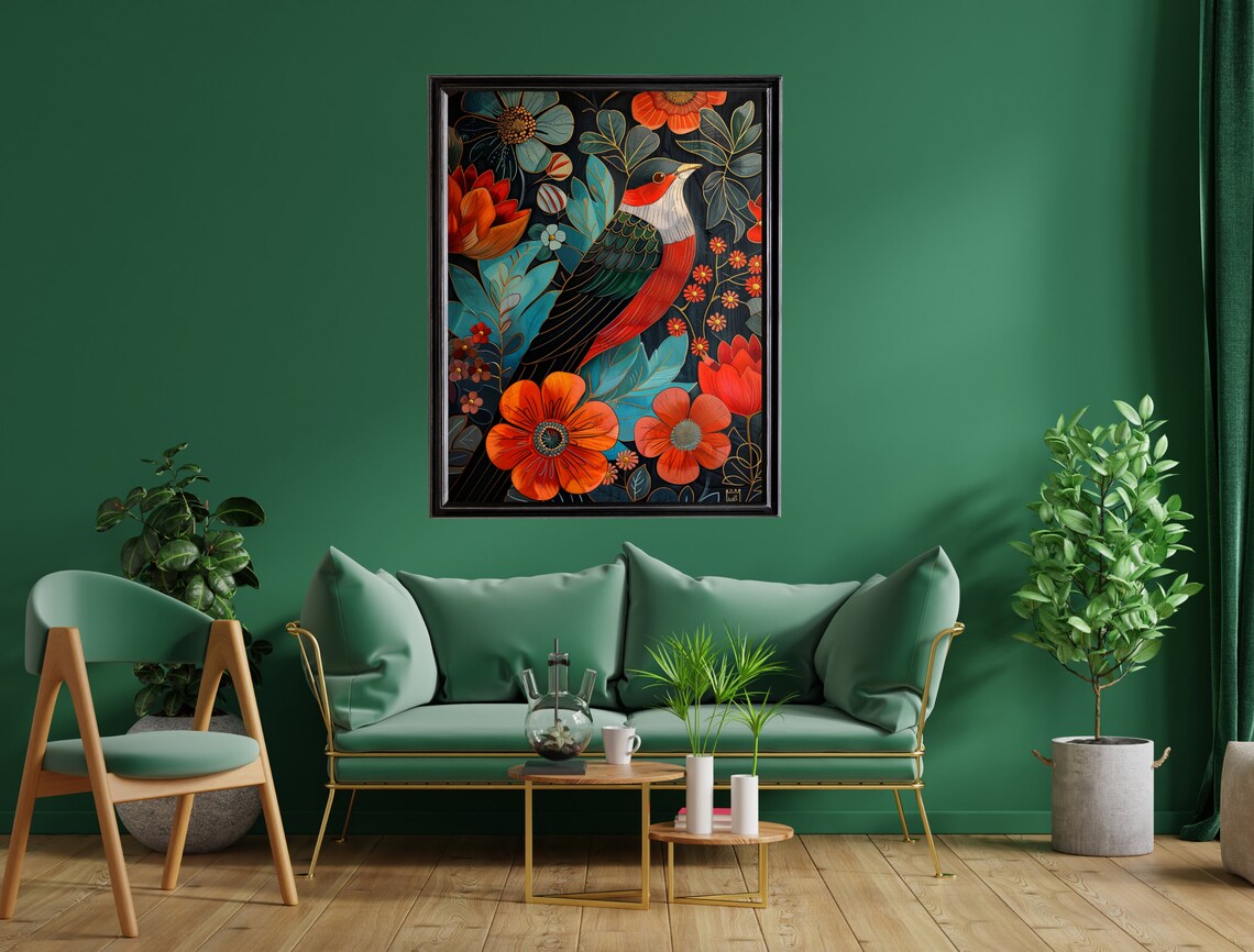 Red Breasted Bird Klimt Style Illustration Dark Floral Maximalist Poster - Image 3