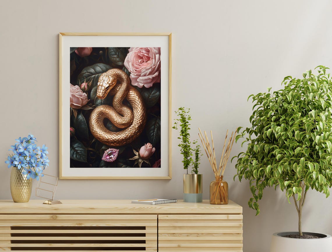 Golden Snake Pink Roses Gemstone Dark Moody Botanical Wall Art Print - Image 3