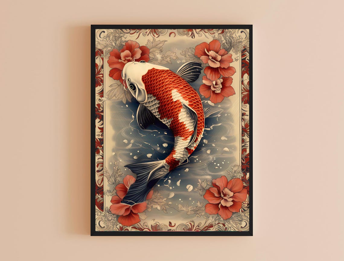 Red White Koi Fish Hibiscus Flowers Japanese Tattoo Style Art Print - Image 4