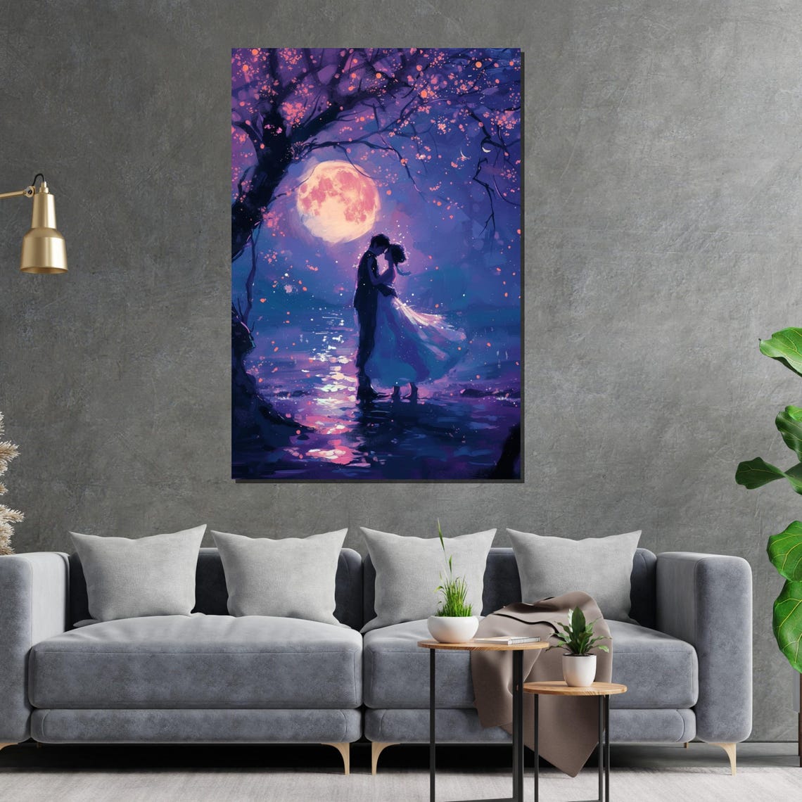Moonlit Lovers Embracing Under Full Moon Purple Night Dream Poster - Image 2