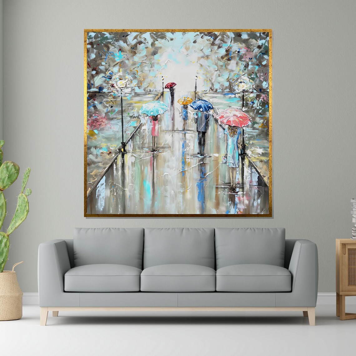 Rainy Day Colorful Umbrella Walkway Impressionist City Scene Poster