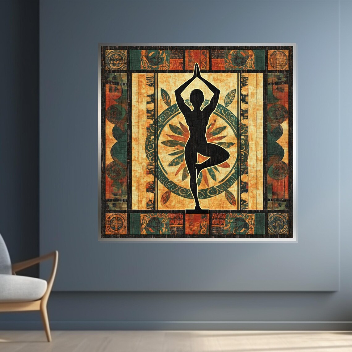 Tree Pose Yoga Woman Silhouette Warm Mosaic Mural Style Poster - Image 4