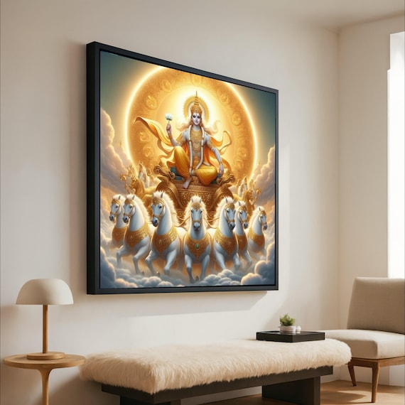 Lord Surya Sun God on Seven White Horses Golden Chariot Poster