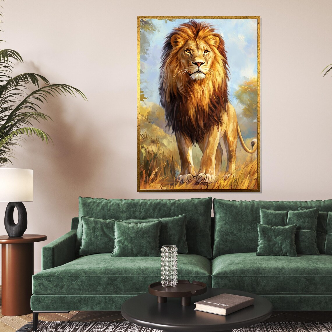 Majestic Lion Walking Golden Savanna Wildlife Portrait Art Poster