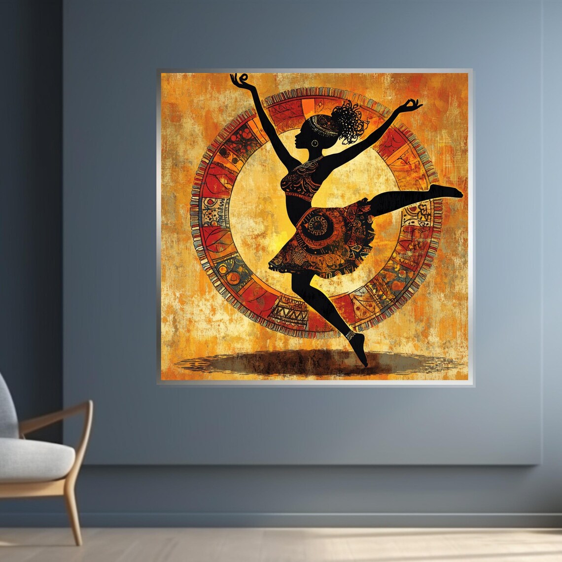 African Dancer Silhouette with Tribal Circle Golden Art Poster - Image 4