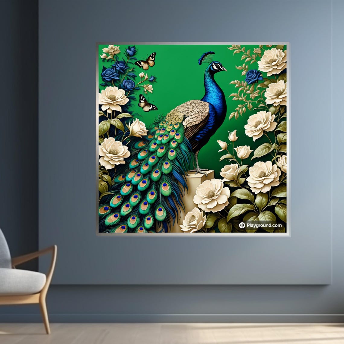 Elegant Peacock White Roses Butterflies Green Regal Bird Art Poster - Image 4