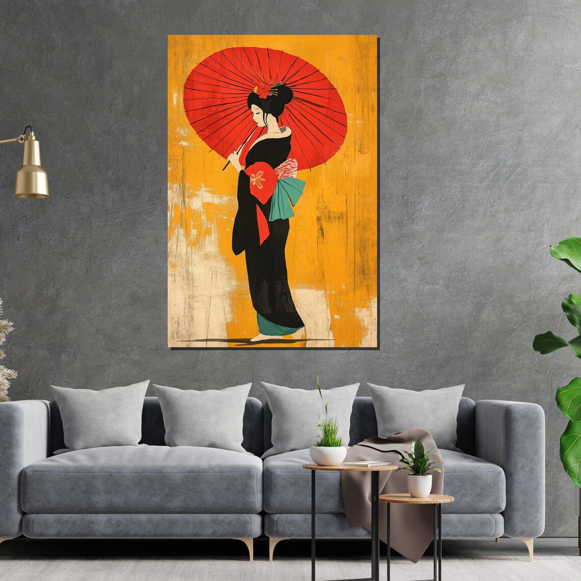 Japanese Geisha Red Parasol Kimono Elegant Asian Woman Portrait Poster - Image 2