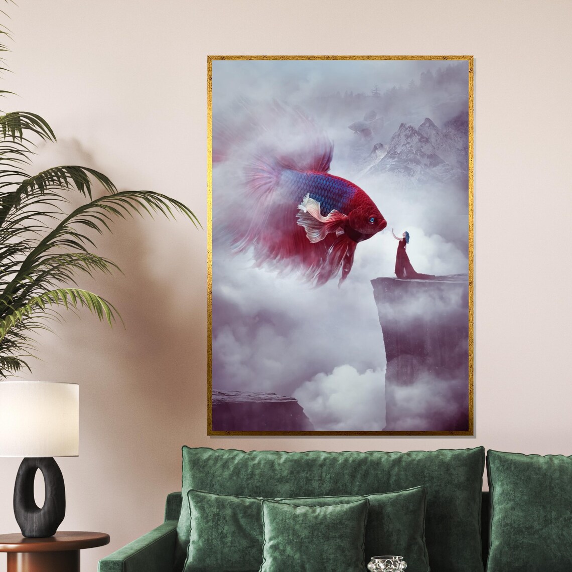 Giant Betta Fish And Woman On Cloud Cliff Surreal Fantasy Poster
