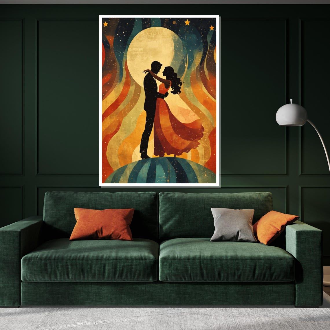 Lovers Silhouette Under Full Moon Retro Boho Romance Art Poster - Image 3