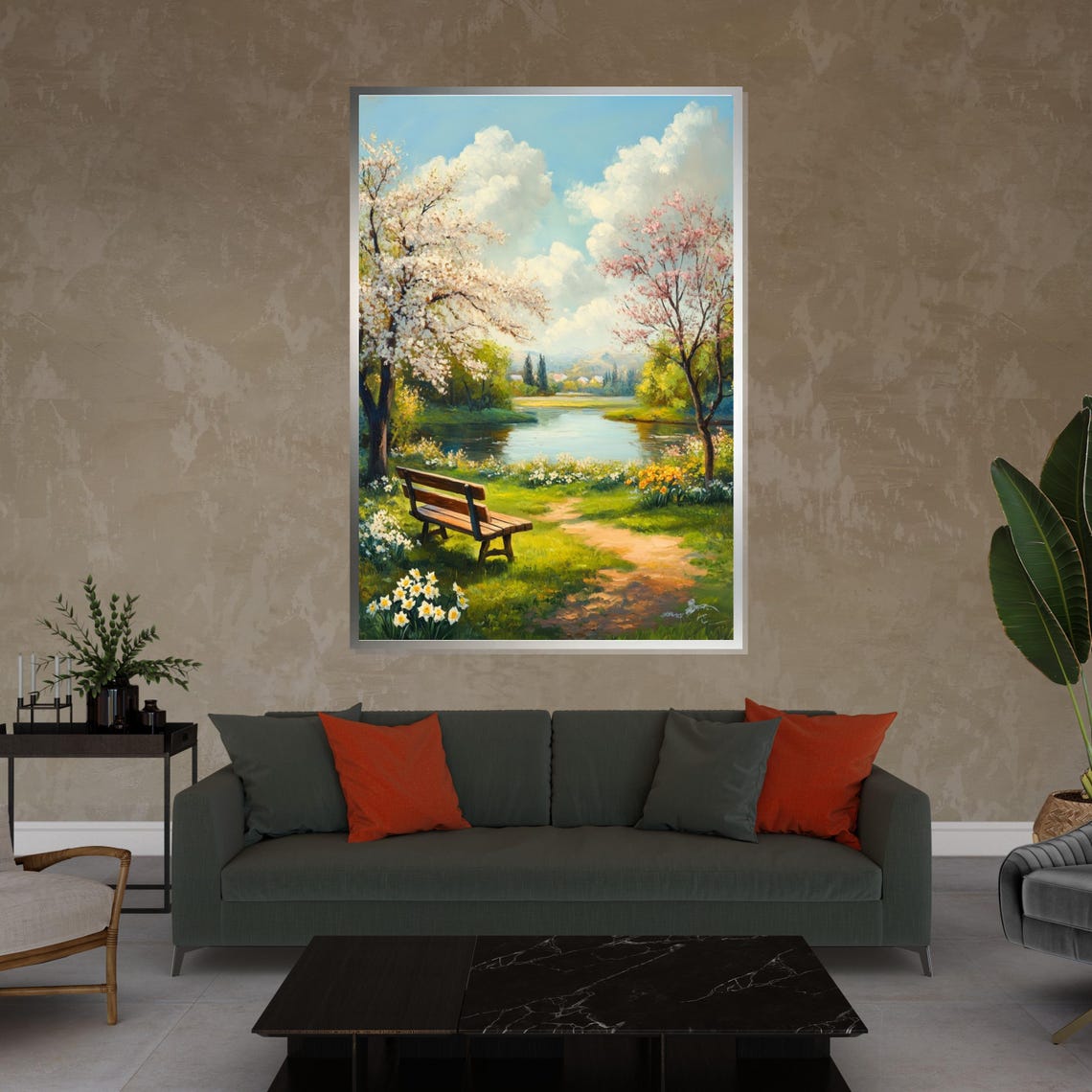 Serene Spring Lakeside Bench Blossom Trees Peaceful Nature Poster - Image 4
