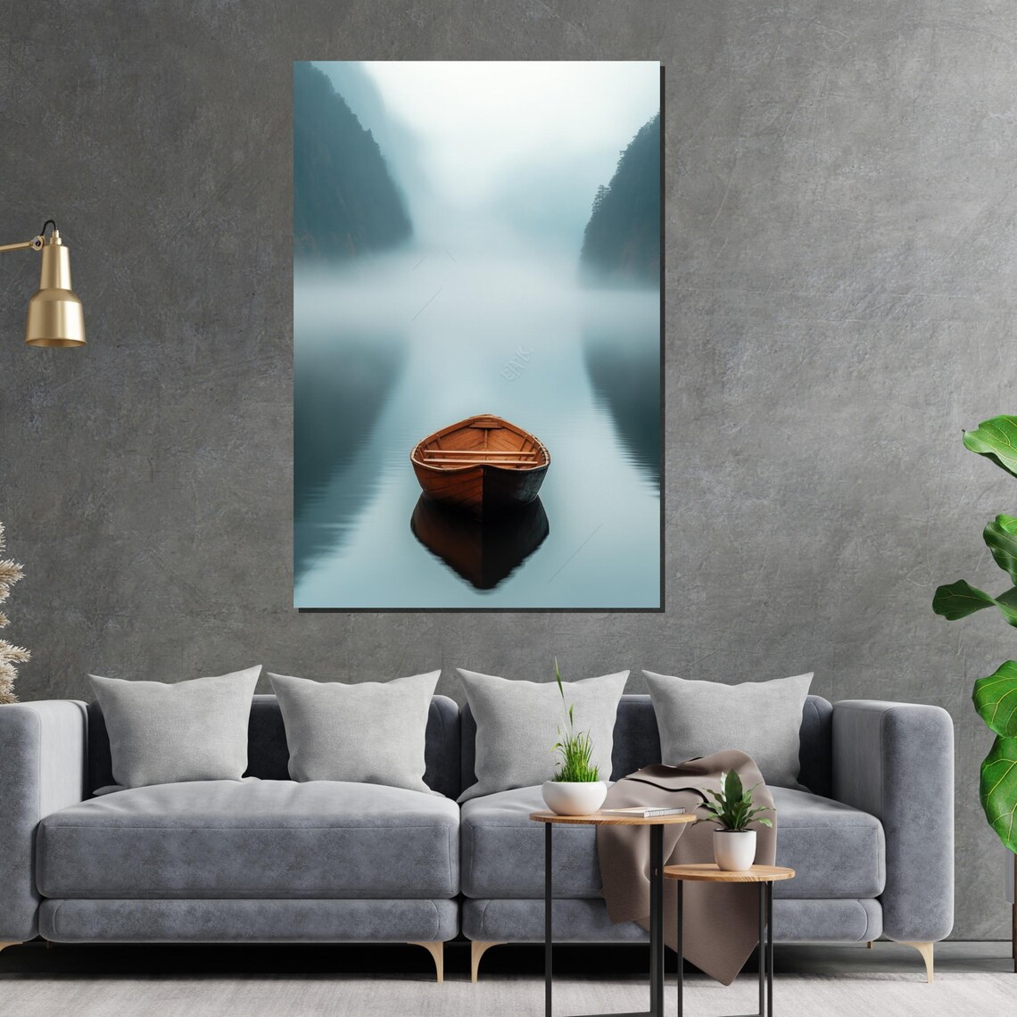 Wooden Rowboat on Misty Lake Foggy Minimalist Serenity Poster - Image 2