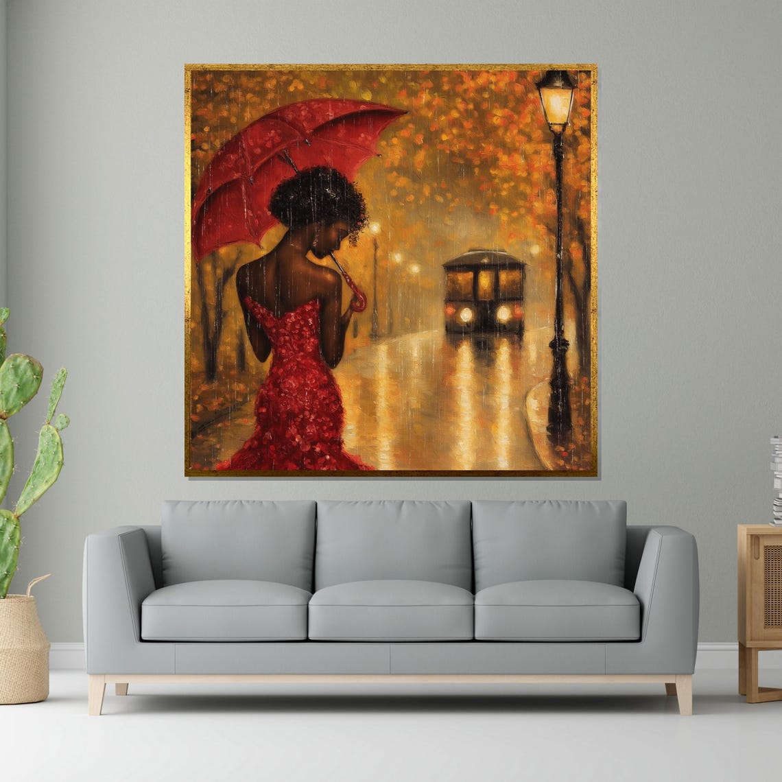 Lady In Red Dress Red Umbrella Rainy Night Street Golden Glow Poster