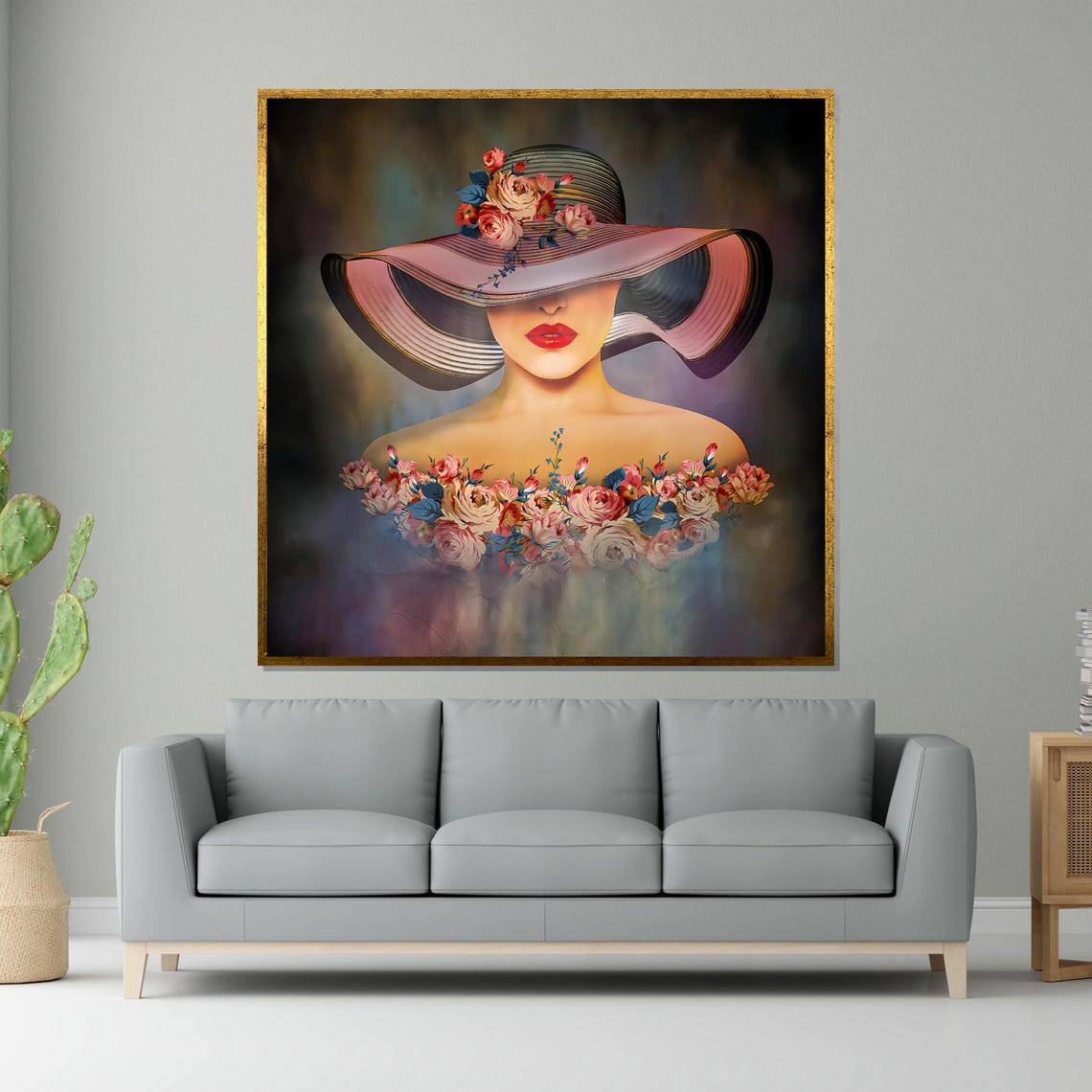 Woman in Striped Floral Hat Dreamy Painted Rose Portrait Poster