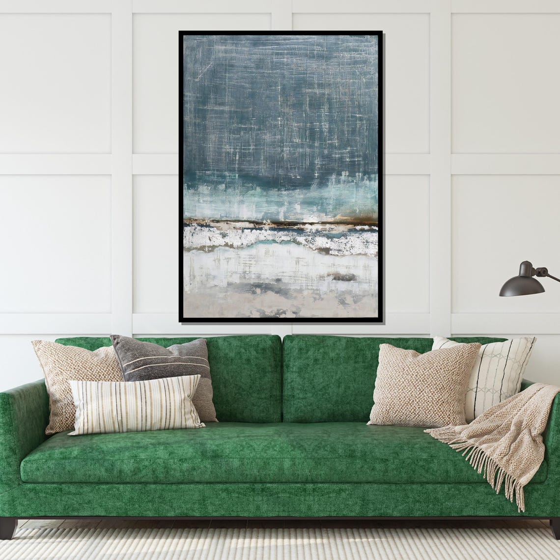 Dark Teal Ocean Horizon Misty Seascape Textured Moody Wall Art - Image 5
