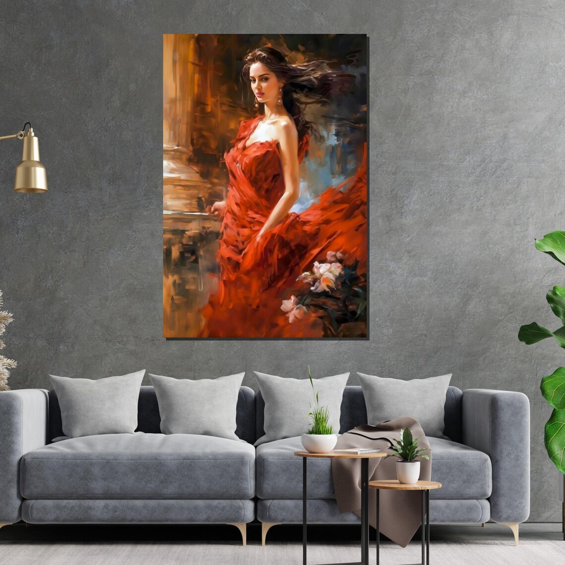Woman in Flowing Red Gown Painterly Romantic Portrait Poster - Image 2