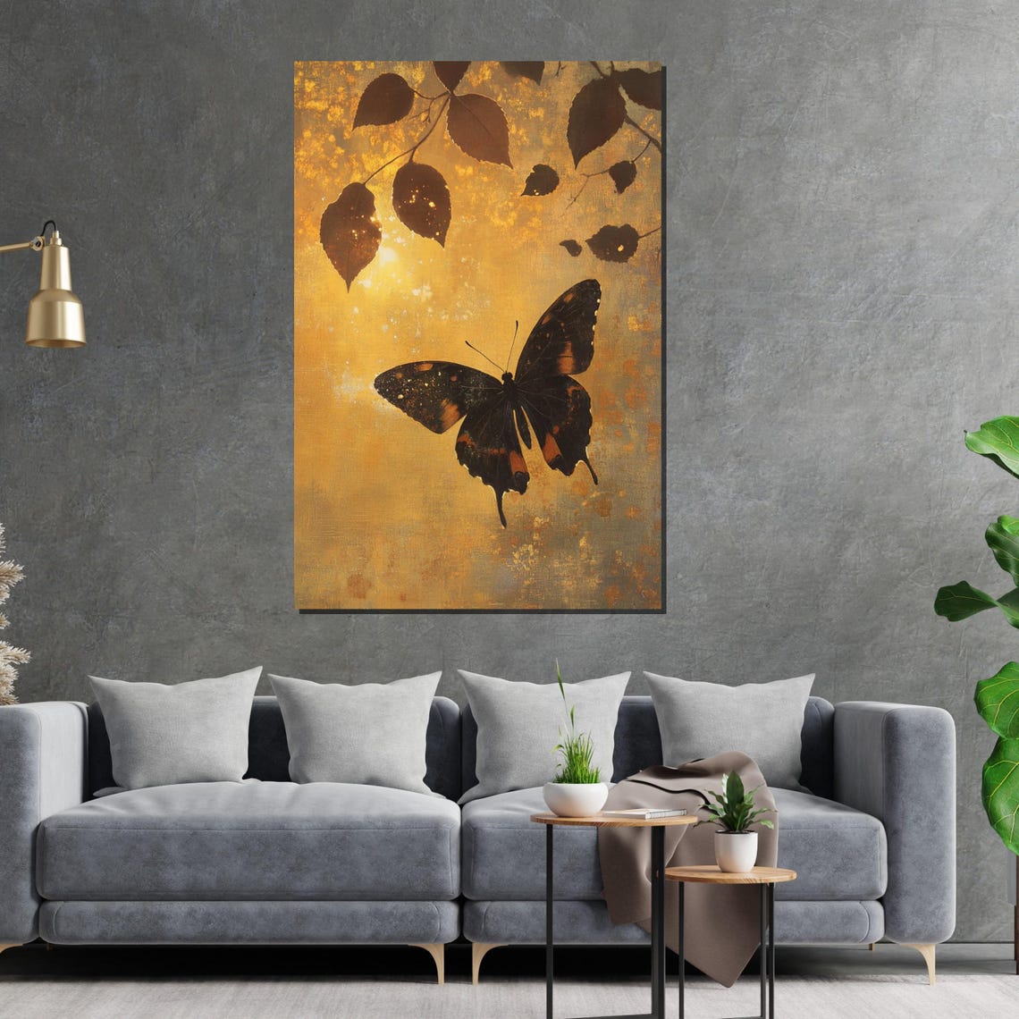 Dark Butterfly Gold Leaf Autumn Leaves Elegant Nature Art Poster - Image 2