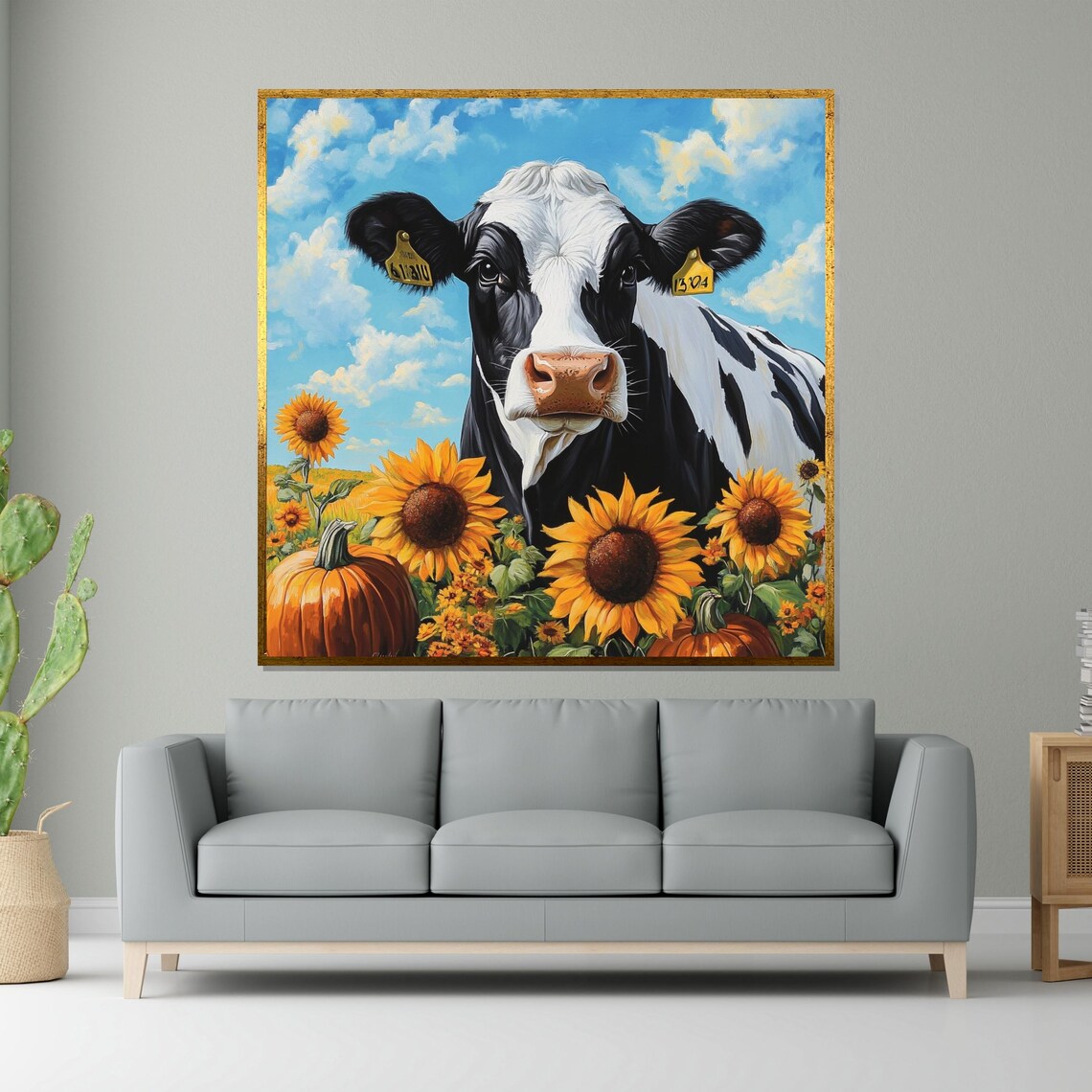 Cow Sunflowers Pumpkins Cheerful Farm Harvest Fall Art Poster