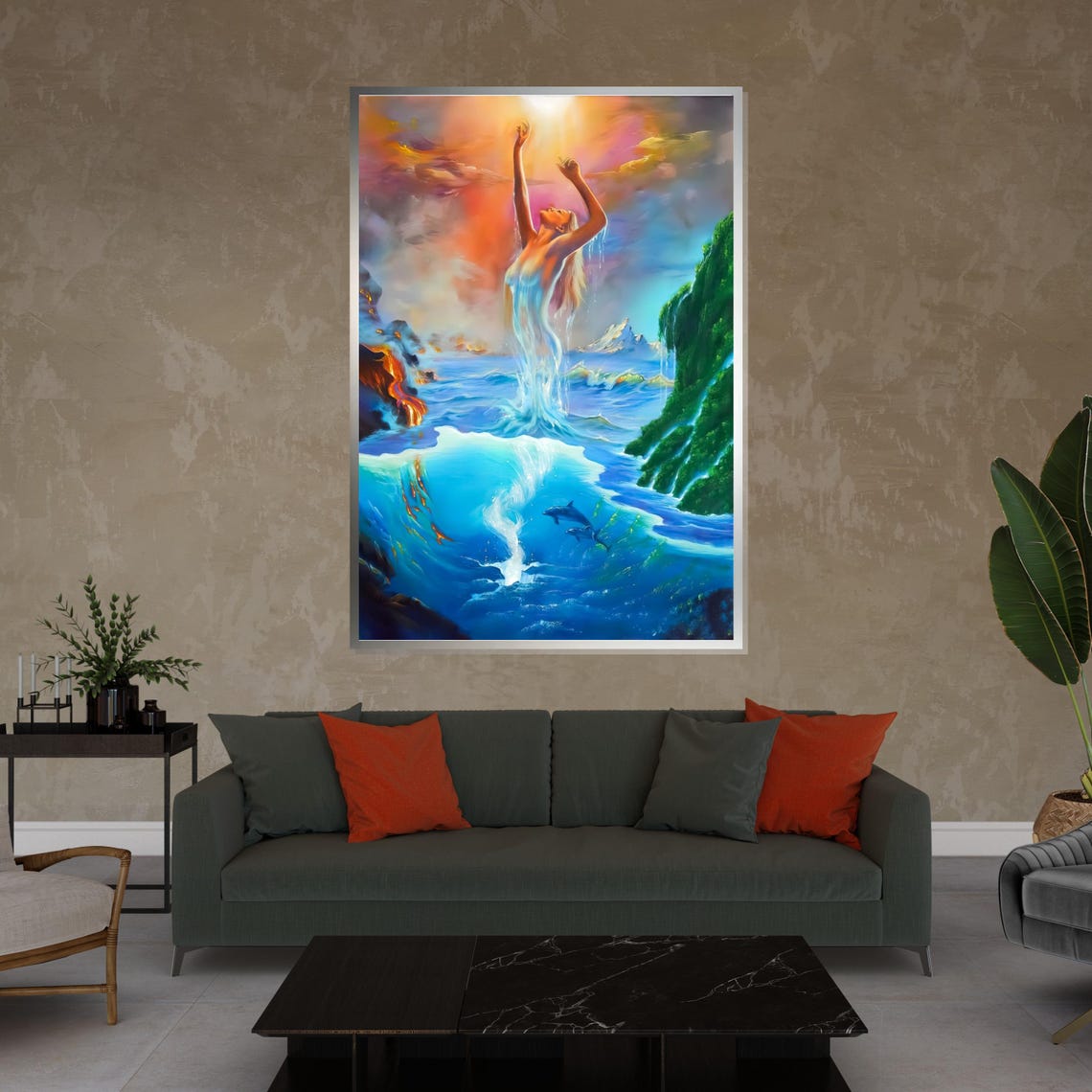 Water Goddess Rising From Ocean Waves Dolphins Fantasy Art Poster - Image 4