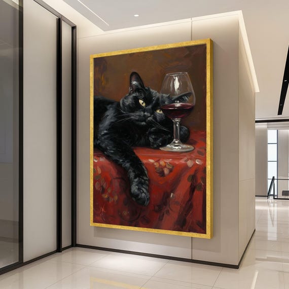 Relaxed Black Cat Wine Glass Red Tablecloth Oil Painting Wall Art