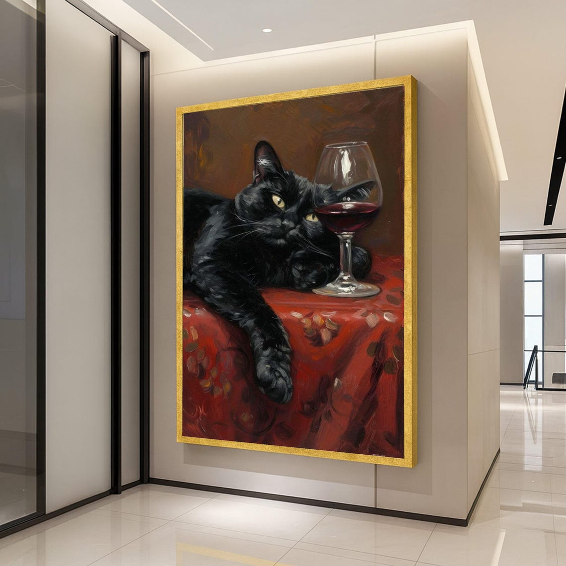 Relaxed Black Cat Wine Glass Red Tablecloth Oil Painting Wall Art