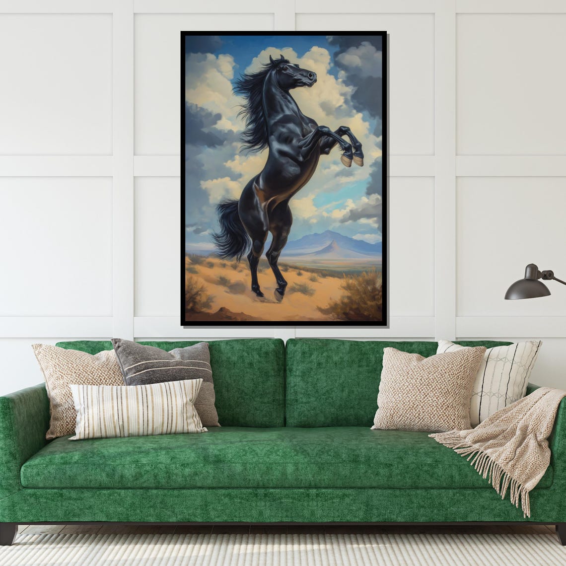 Black Stallion Rearing Desert Sunset Dramatic Equine Oil Art Poster - Image 5