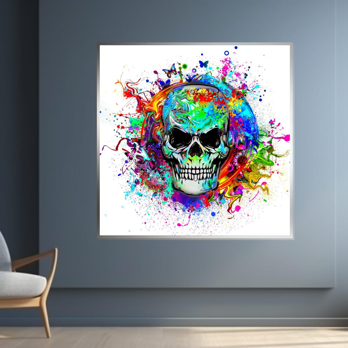 Colorful Paint Splash Skull Butterflies Neon Punk Pop Poster - Image 4