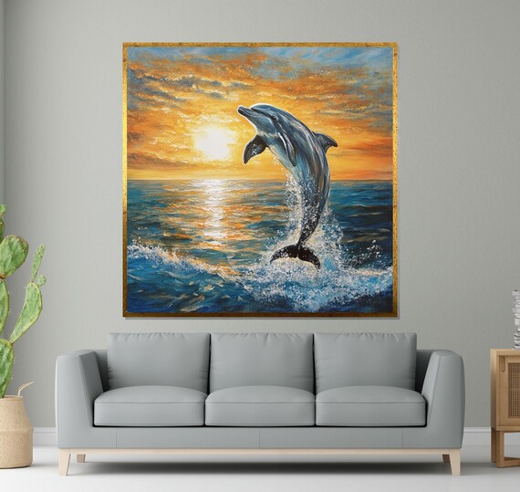 Dolphin Sunset Ocean Animal Wall Art Jumping Dolphin Wall Print Sea Life Poster Wall Art Design Ready To Hang Decor