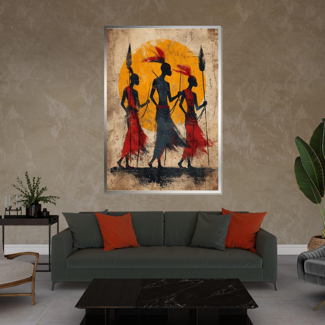 Tribal Warriors Silhouette Spears Orange Sun Ethnic Art Poster - Image 4