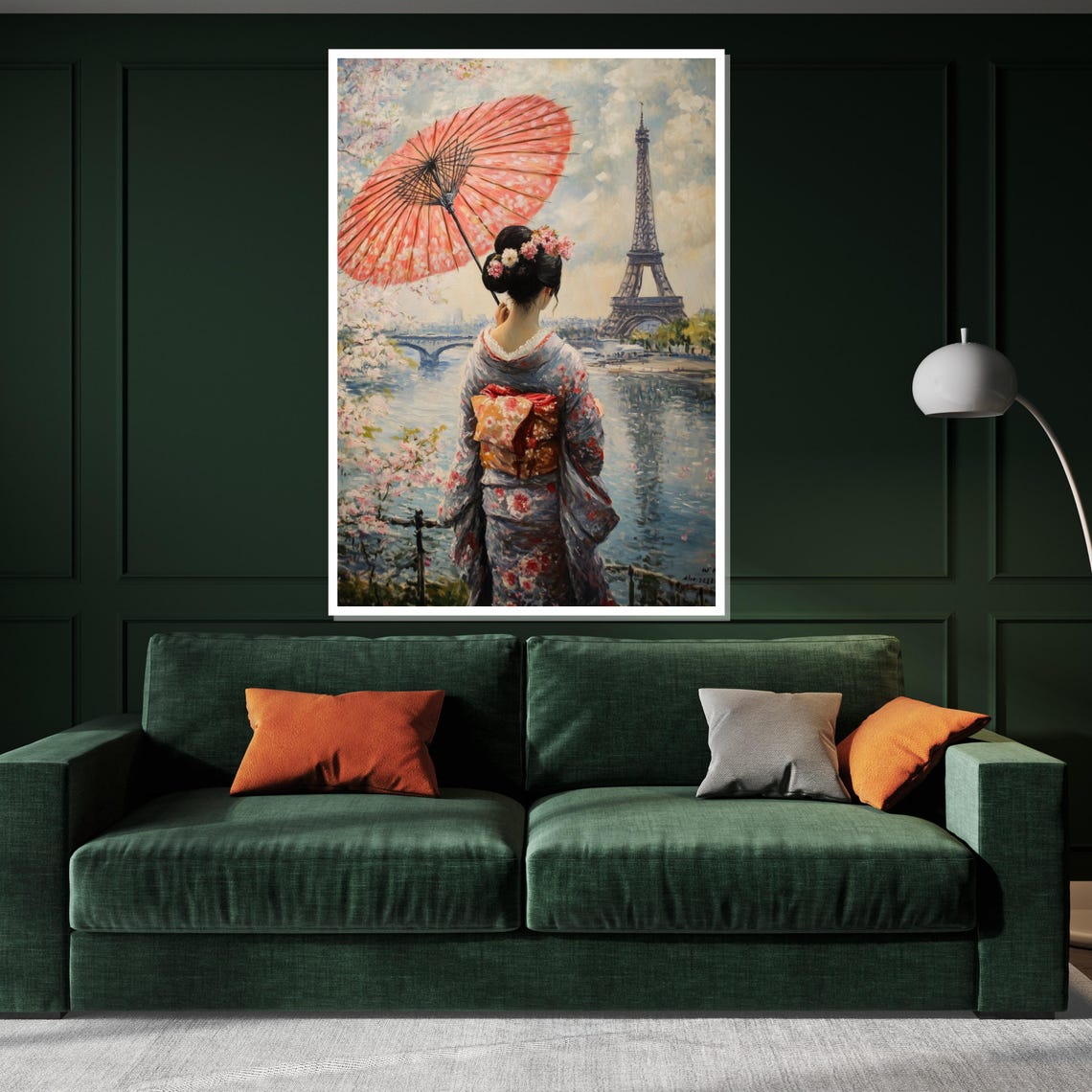 Geisha Eiffel Tower Paris Pink Parasol Cultural Fusion Art Poster - Image 3