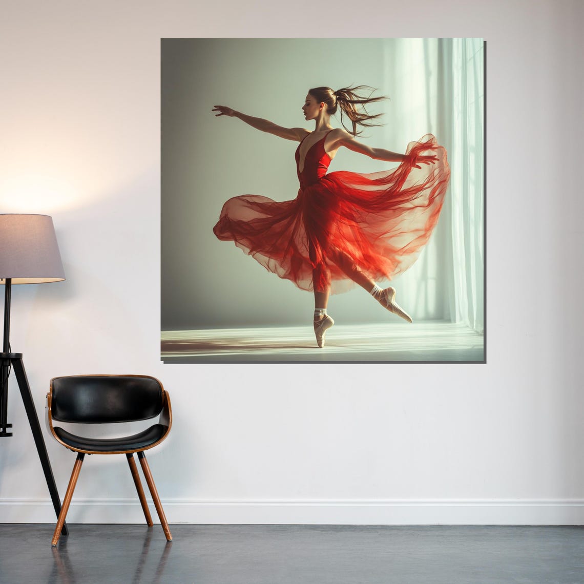 Ballerina in Red Dress En Pointe in Sunlit Studio Dance Poster - Image 2