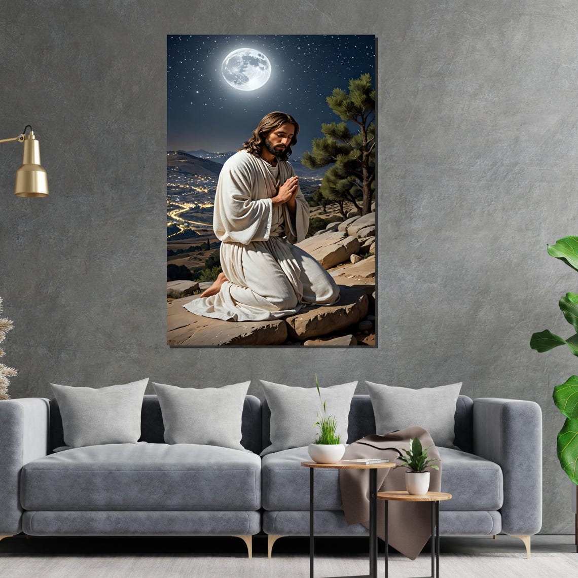 Jesus Praying Under Full Moon Night Mountain Christian Wall Art - Image 2