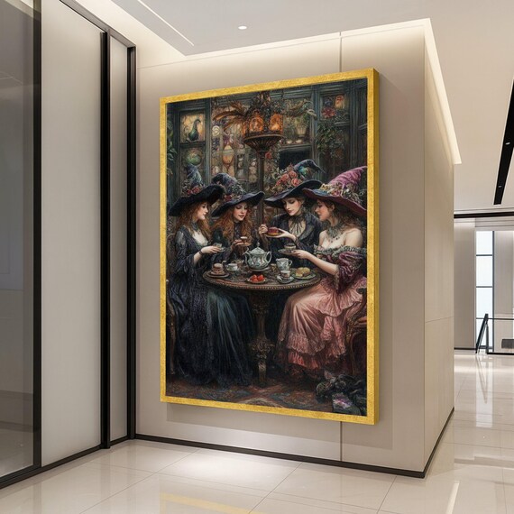 Witch Tea Party Canvas Print Gothic Fantasy Wall Art Vintage Style Decoration Witchcore Decor Ready To Hang