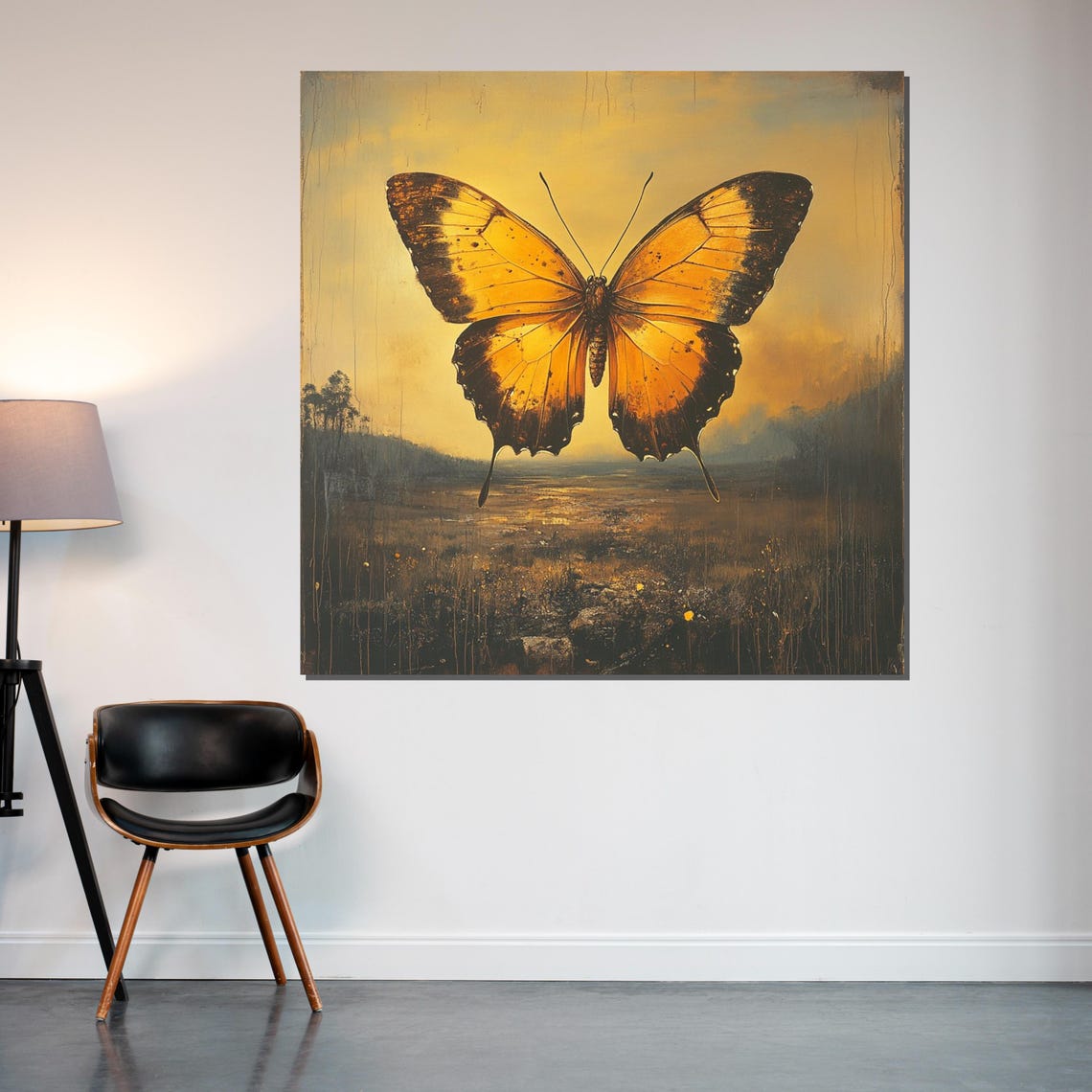 Golden Orange Butterfly Over A Sunset Landscape Nature Art Poster - Image 2