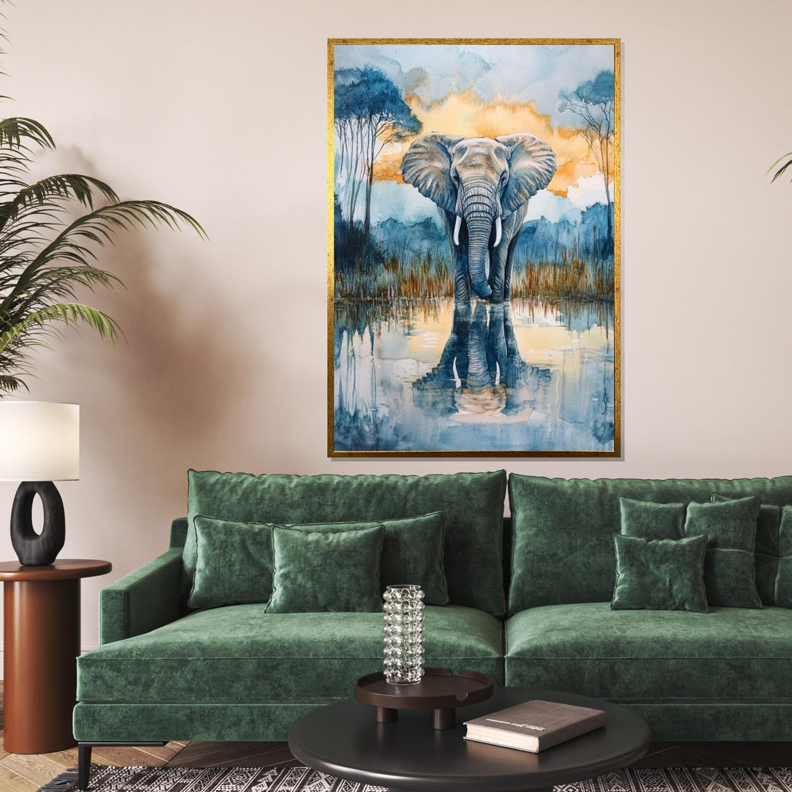 Elephant Watercolor Sunset Reflection Gentle Safari Art Poster