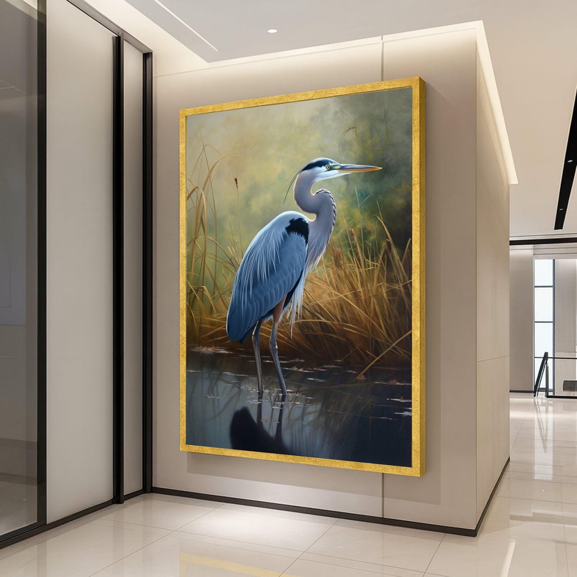Great Blue Heron Marsh Water Elegant Wildlife Painting Nature Wall Art